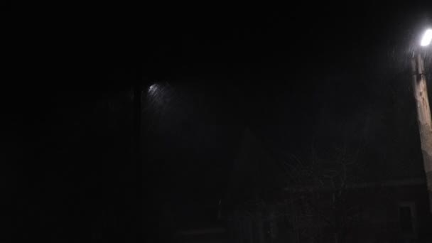 Farola Nevada Nocturna Copos Nieve Luz Lámpara Noche Oscura — Vídeo de stock