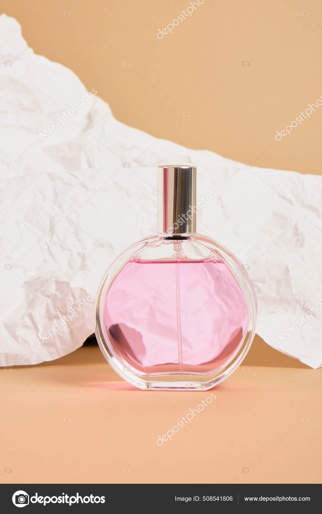 Perfume Bottle Silver Cap Background White Crumpled Paper Pink