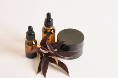 Kehribar cam şişeler, yağ ve serum için içecekler ve siyah krema kavanozu, bej arka planda kırmızı yapraklı bir dal, fotokopi alanı, kozmetik arka plan