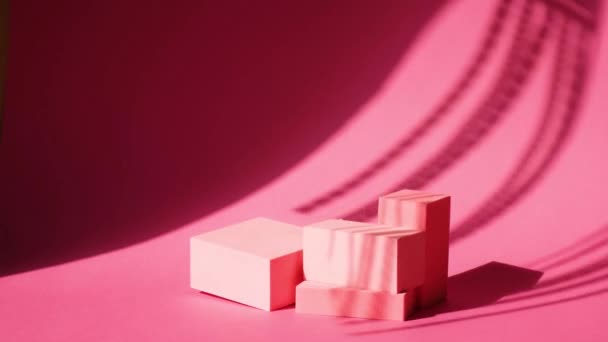 Mehrere rosa verschiedene Formen geometrische Podeste auf rosa Hintergrund — Stockvideo