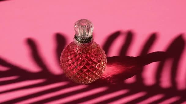 Růžový krystal parfém sprej láhev se stříbrným víčkem, tvrdé stíny, sluneční světlo, reflexy a záře na růžové, palmové listy stín — Stock video