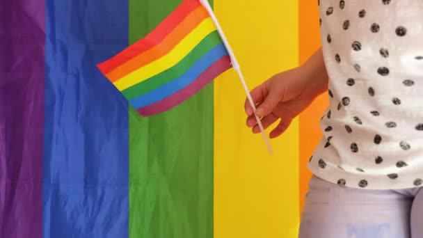 Dam i jeans viftande liten flagga, lgbt gemenskap symbol på regnbåge randig flagga bakgrund, stolthet koncept — Stockvideo
