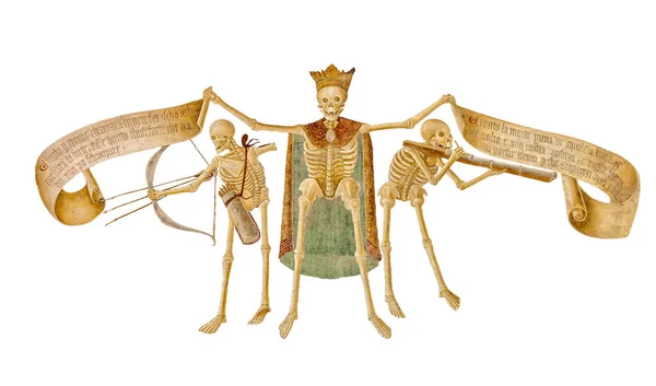 Beyaz arka plandaki izole iskelet, Clusone, Fresco, Ölümün Dansı. Clusone (Bergamo, Lombardy, İtalya) - Oratorio dei Disciplini (14. yüzyıl), Danza Macabra ve Trionfo della Morte 'nin antik fresklerinin ayrıntıları (Ölümün Zaferi))