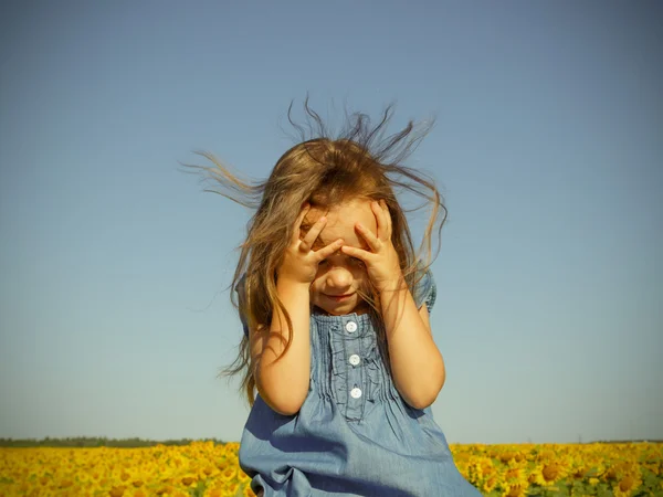 Little girl over a field of sunflowers — Stock Photo, Image