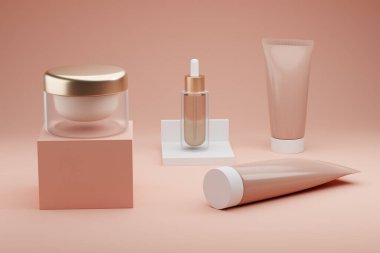 Pembe arka plan kozmetik seti, profesyonel cilt bakımı konsepti. Boş bir cam şeffaf krema kavanozu, bir damlatıcı ve kozmetoloji ürünleriyle dolu tüpler. 3d oluşturma.