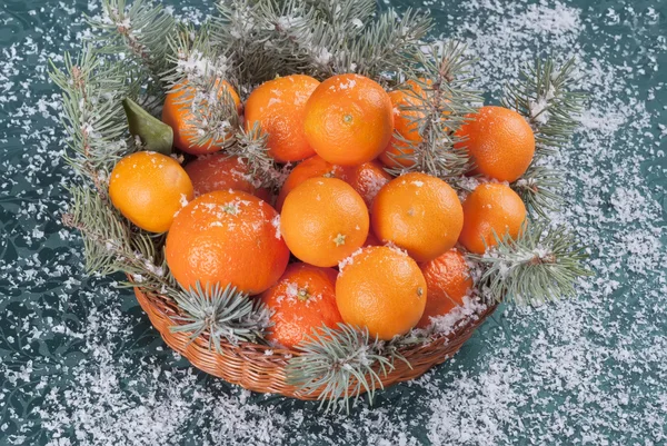 Jul komposition med mandariner och fir kvistar Royaltyfria Stockbilder