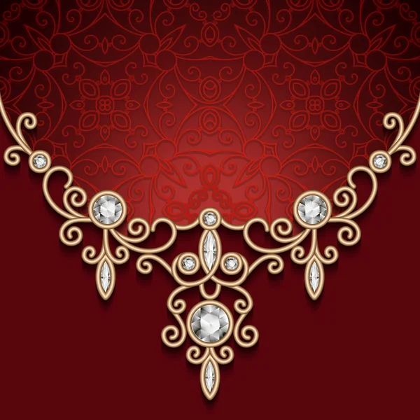 Collier bijoux en or sur fond rouge — Image vectorielle