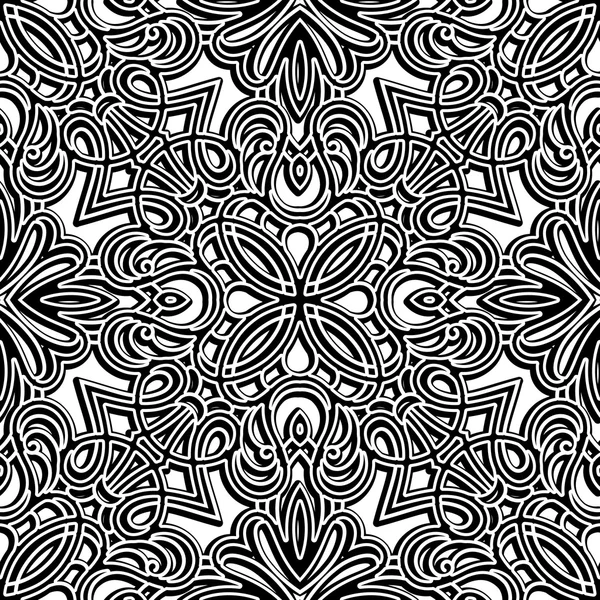 Zwart-wit krullend sieraad, naadloze patroon — Stockvector