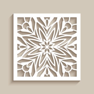 Vintage lace decoration with cutout paper ornament on neutral beige background, square tile with floral stencil pattern, elegant template for laser cutting or wood carving clipart