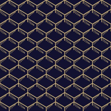 Altın dikişli basit bir bal peteği deseni. Koyu mavi ve altın renkli geometrik arka plan. Asgari biçimdeki kusursuz doku.