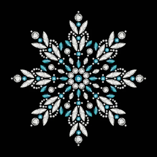 ヴィンテージ雪の結晶パターン ブラックの背景に隔離されたダイヤモンドと貴重な宝石でジュエリー冬の装飾 クリスマスの飾り エレガントなジュエリー雪のフレークやマンダラ装飾 — ストックベクタ