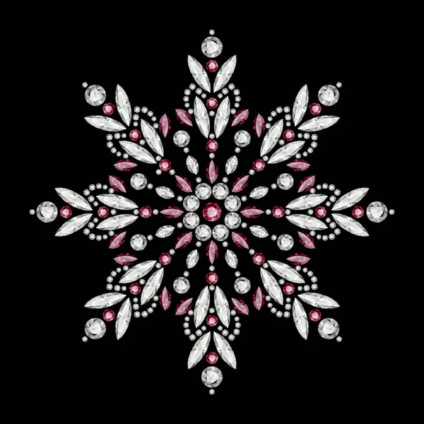 ヴィンテージ雪の結晶パターン ブラックの背景に隔離されたダイヤモンドと貴重な宝石でジュエリー冬の装飾 クリスマスの飾り エレガントなジュエリー雪のフレークやマンダラ装飾 — ストックベクタ