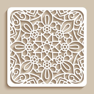 Square lace doily, cut paper decoration, vintage line pattern, decorative tile with floral ornament, template for laser cutting clipart