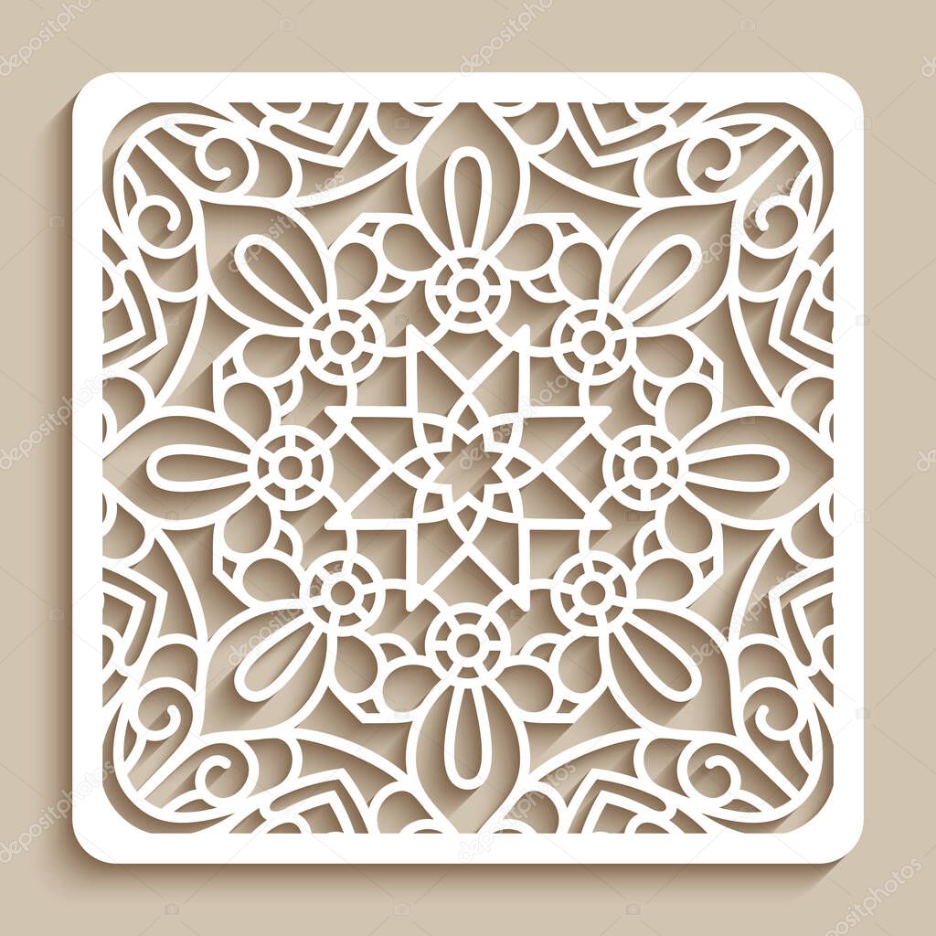 Square lace doily, cut paper decoration, vintage line pattern, decorative tile with floral ornament, template for laser cutting
