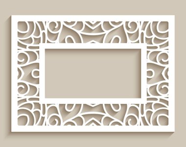 Rectangle frame with lace border pattern on white, paper cut ornament, template for laser cutting, lace decoration for wedding invitation card design. clipart