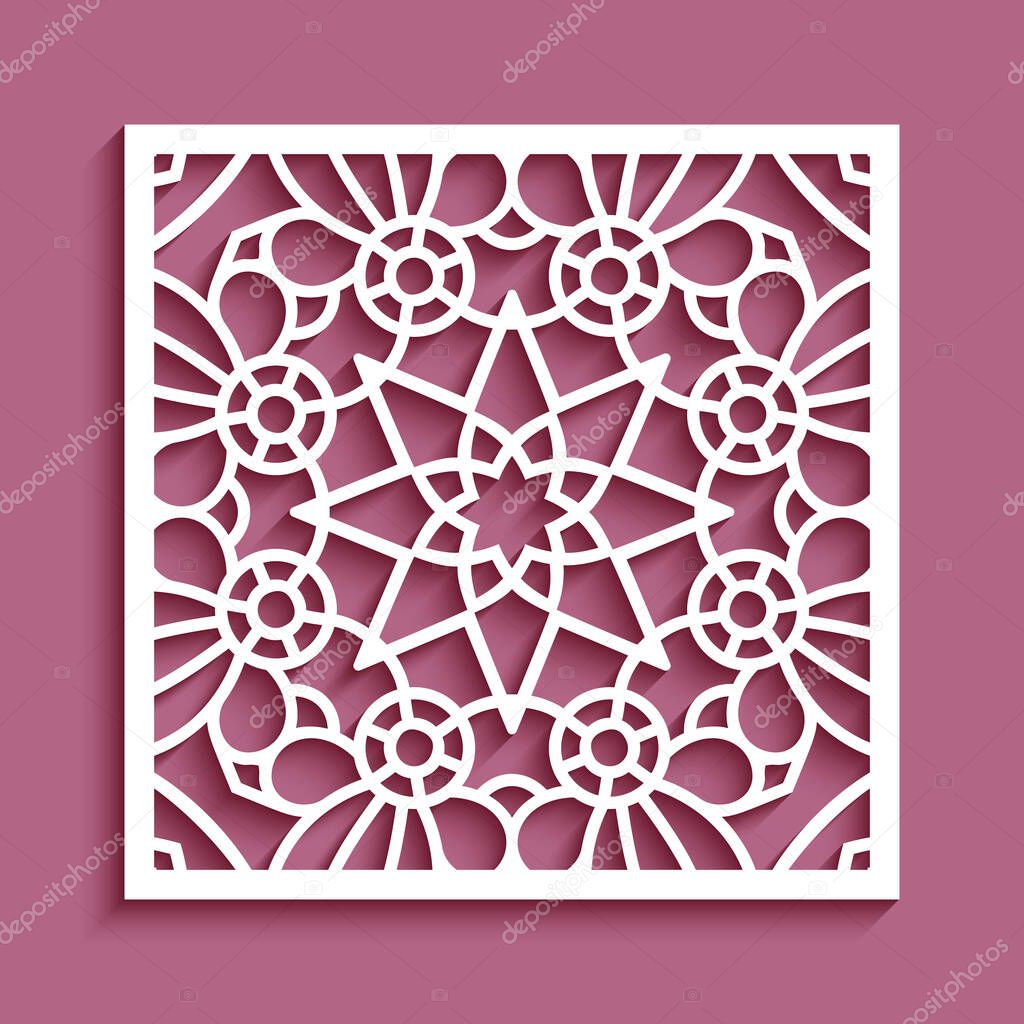 Square lace doily, cut paper decoration, vintage line pattern, decorative tile with floral ornament, template for laser cutting