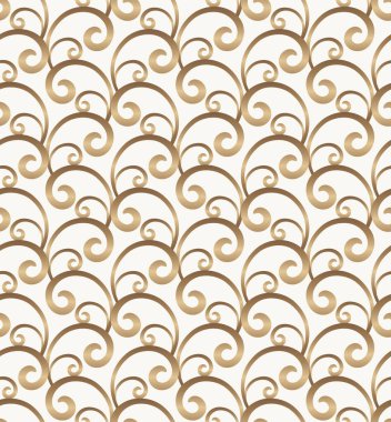 Rokoko tarzında çiçek kıvrımlı klasik altın parşömen deseni. Beyaz arkaplanda altın pürüzsüz doku.