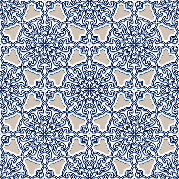 アラビア風のシームレスな幾何学模様 青と白のポルトガルのタイルの装飾 インディゴ Majolica Design — ストックベクタ