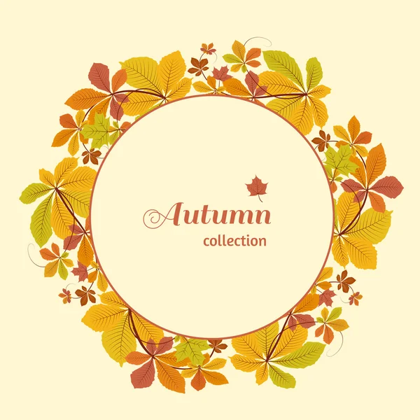 Herfst achtergrond, cirkelframe met gele bladeren — Stockvector
