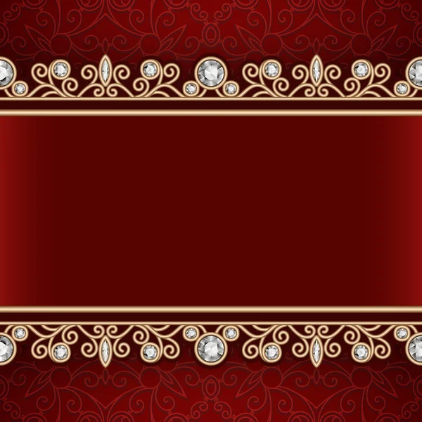 Gold frame with jewelry borders on red background — Stock Vector