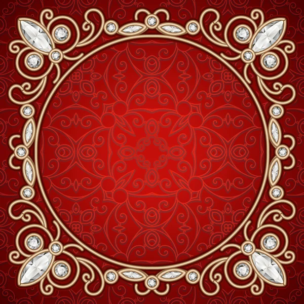 Vintage gold jewelry frame on red background — Stock Vector