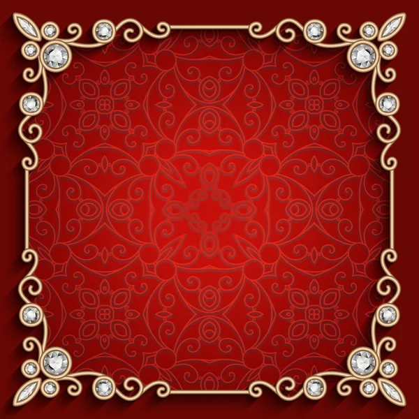 Marco cuadrado de joyería de oro sobre fondo rojo — Vector de stock