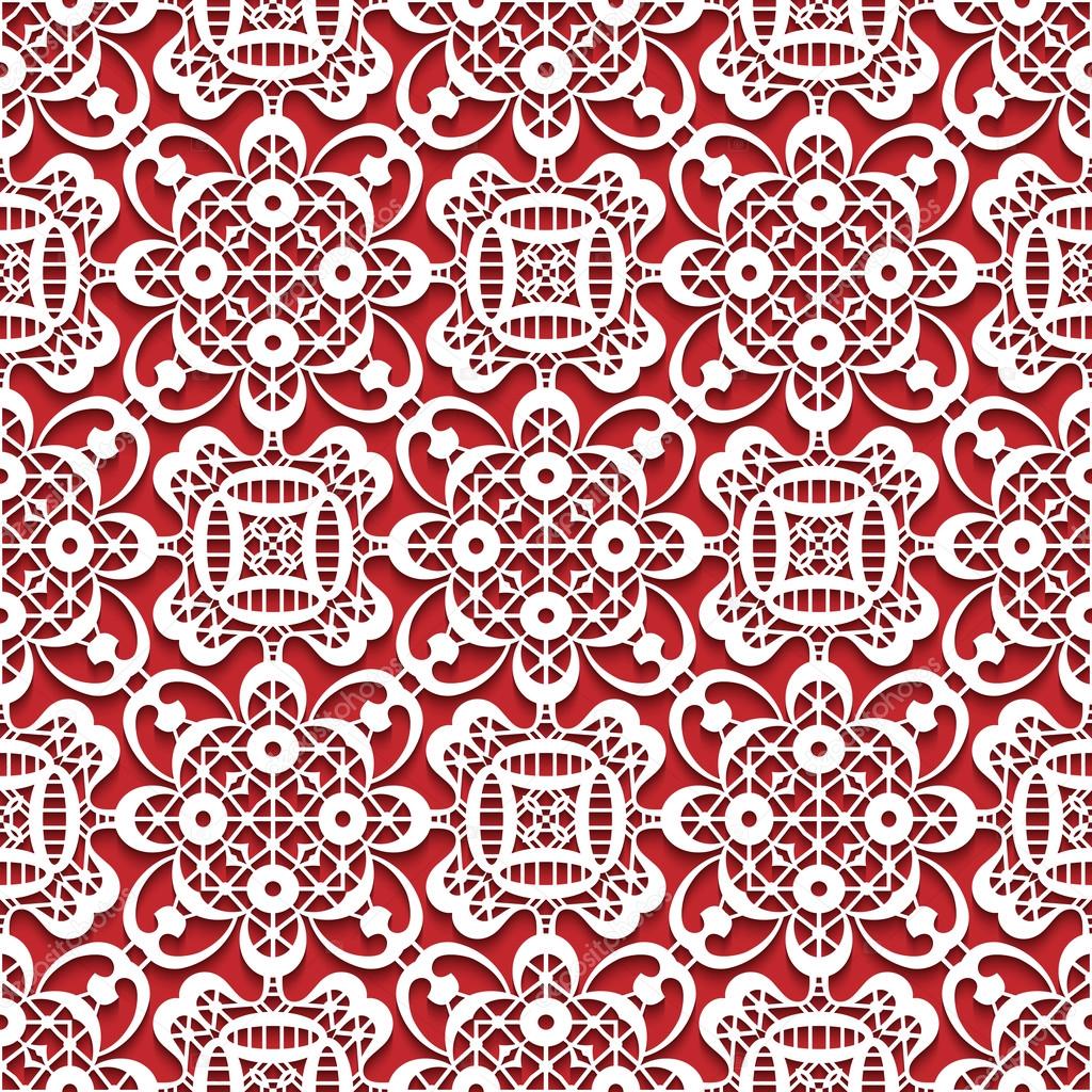 White lace texture on red, seamless lace pattern