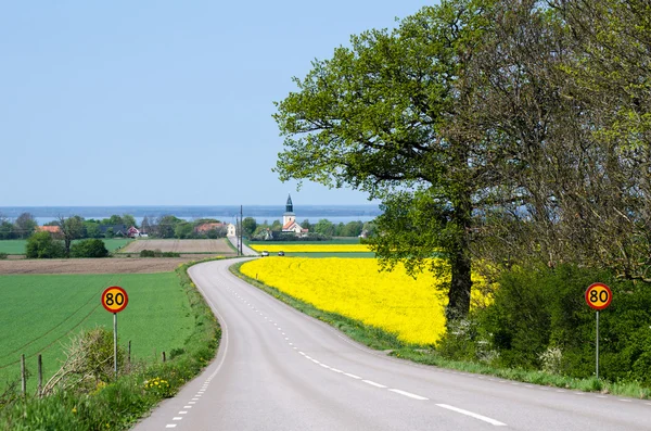 Straße zum Dorf im Frühling — Stockfoto