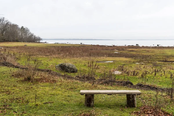 スウェーデンの自然保護区にベンチがある海岸沿いの休憩所 Halltorps Hage — ストック写真