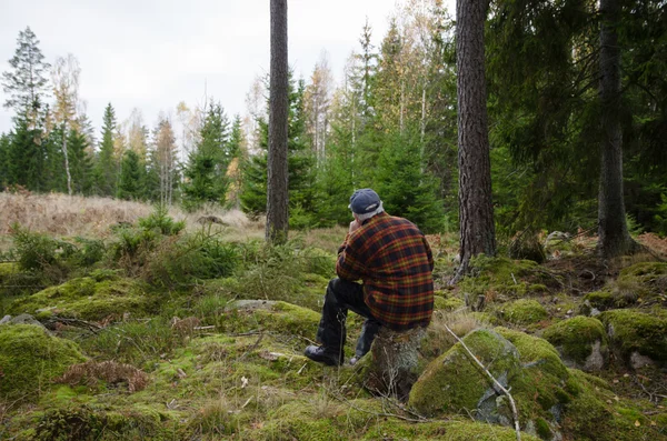 Un homme sur une souche dans la forêt — Photo