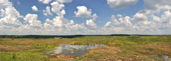 Paesaggio panoramico di campo verde e nuvole — Foto Stock