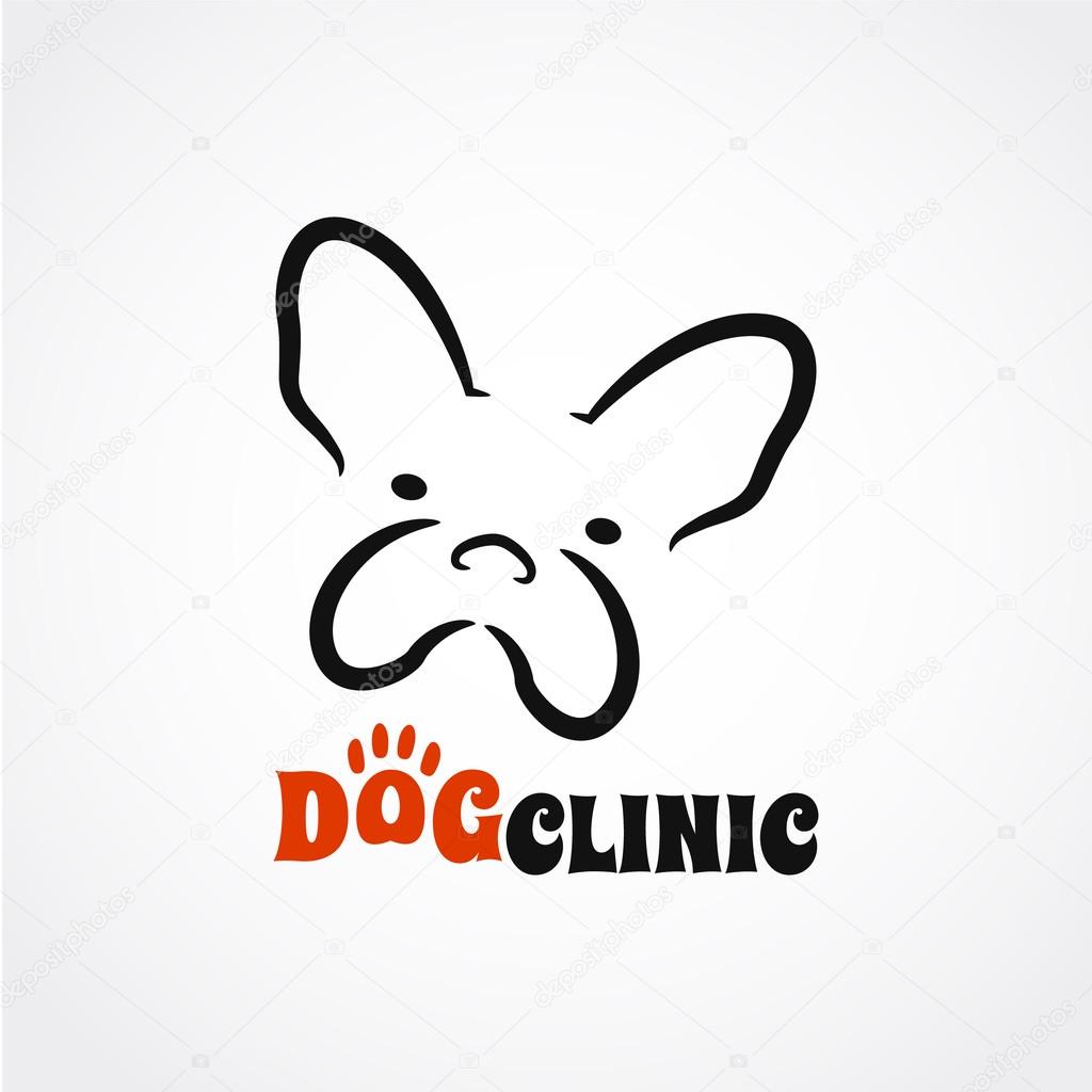 Abstract dog vet clinic logotype with funny dog head, silhouette line style, dog stock vector illustration