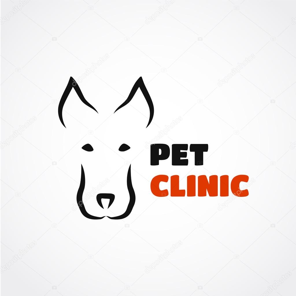 Abstract dog veterinary clinic logotype with funny dog head, silhouette line style, dog stock vector illustration