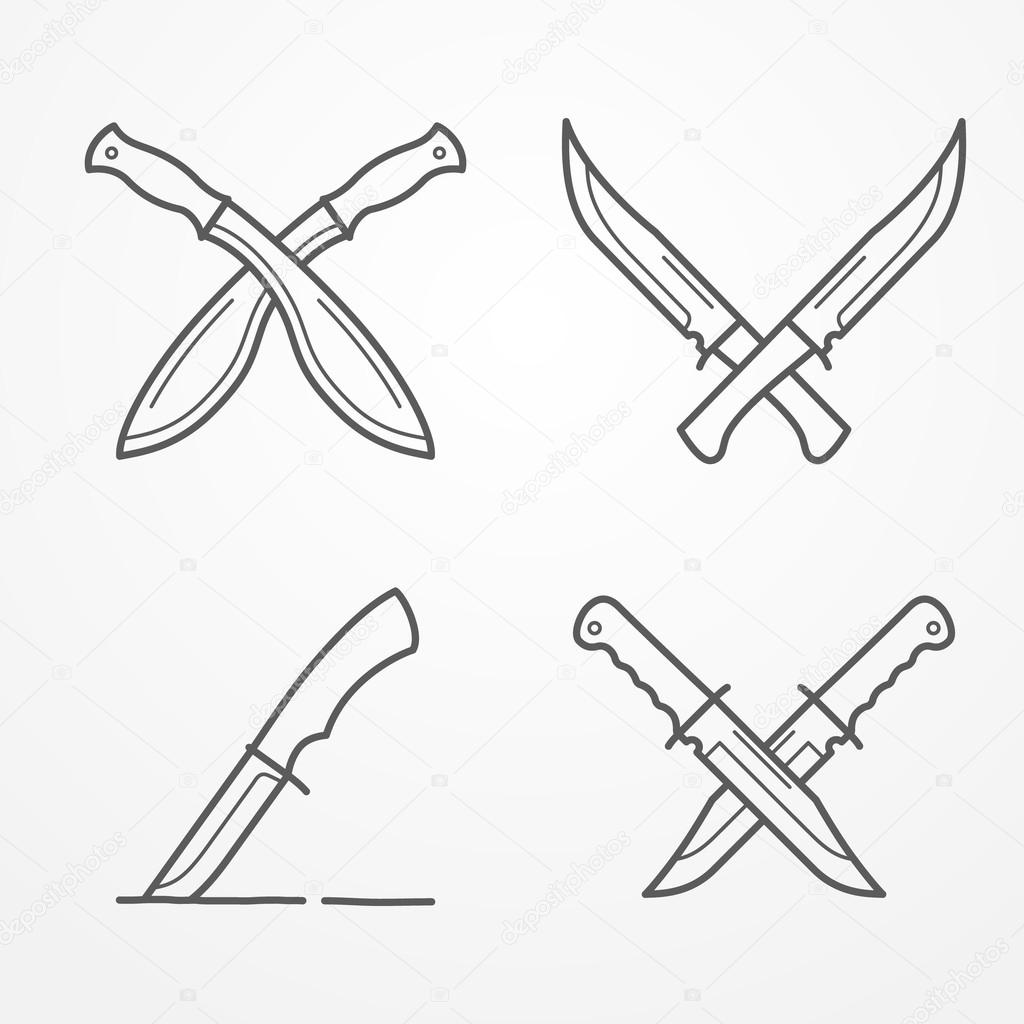 Collection of crossed army knives, line logo set, typical combat knife, crossed knives samples, stock knife vector illustration