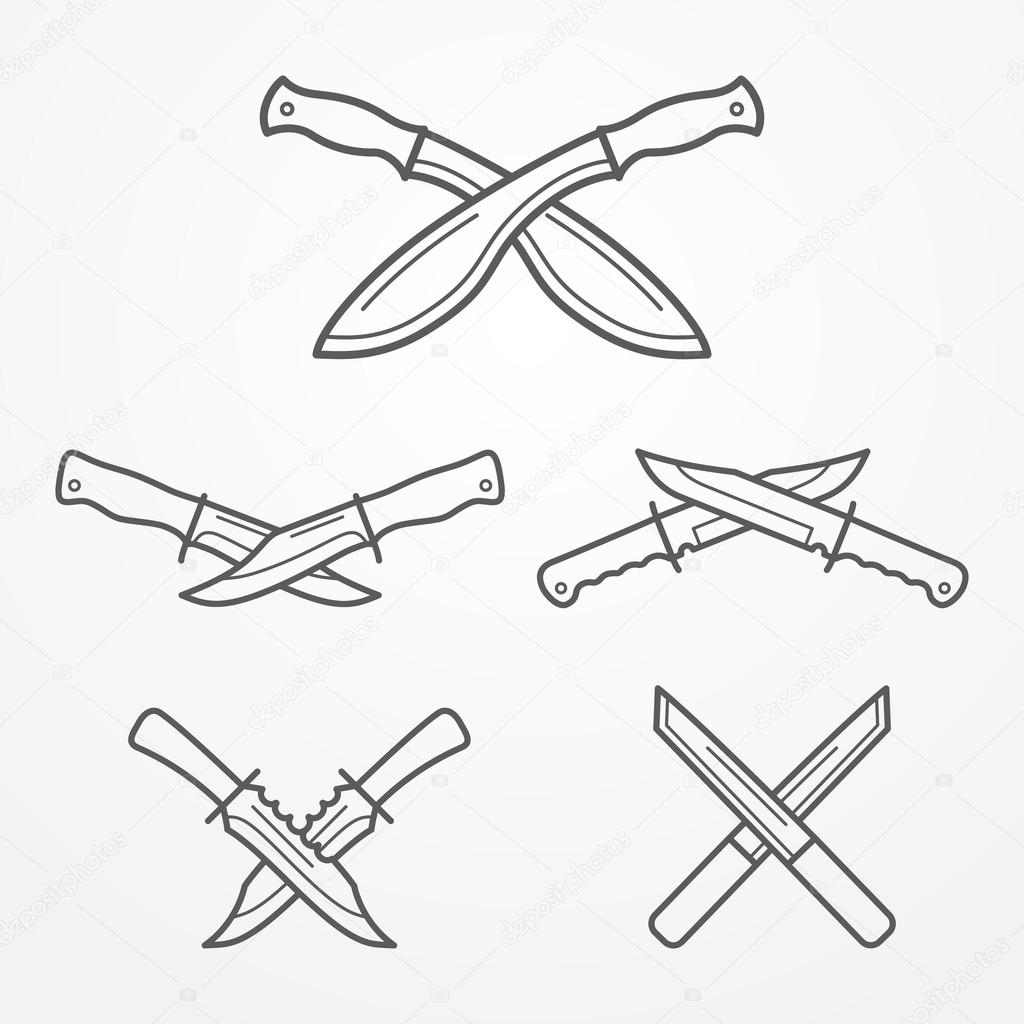 Collection of crossed hunter knives. Hunter knife line logo set. Typical hunter knives. Crossed knives samples. Hunter knife stock vector illustration.