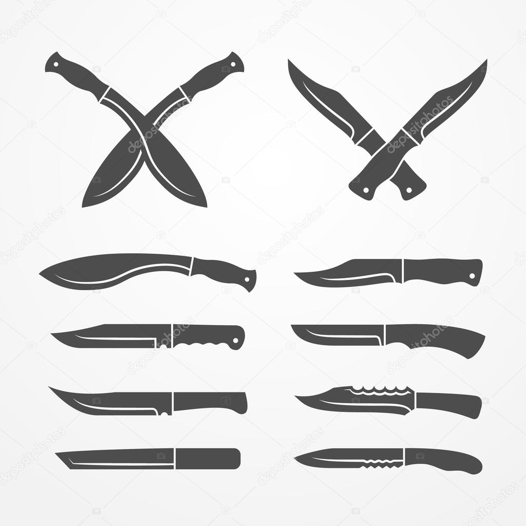 Collection of army knives, line icons set, typical combat knife, crossed knives samples, stock knife vector illustration