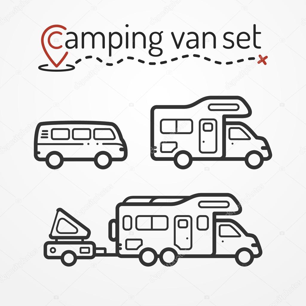 Set of camping van icons. Travel van symbols in silhouette line style. Camping vans vector stock illustration. Vans and RVs with camping equipment.