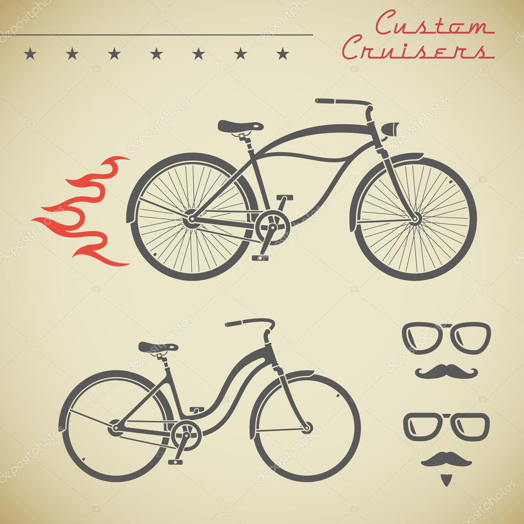 Classic cruiser bicycle and collection of design elements, flame, stars, glasses and moustache