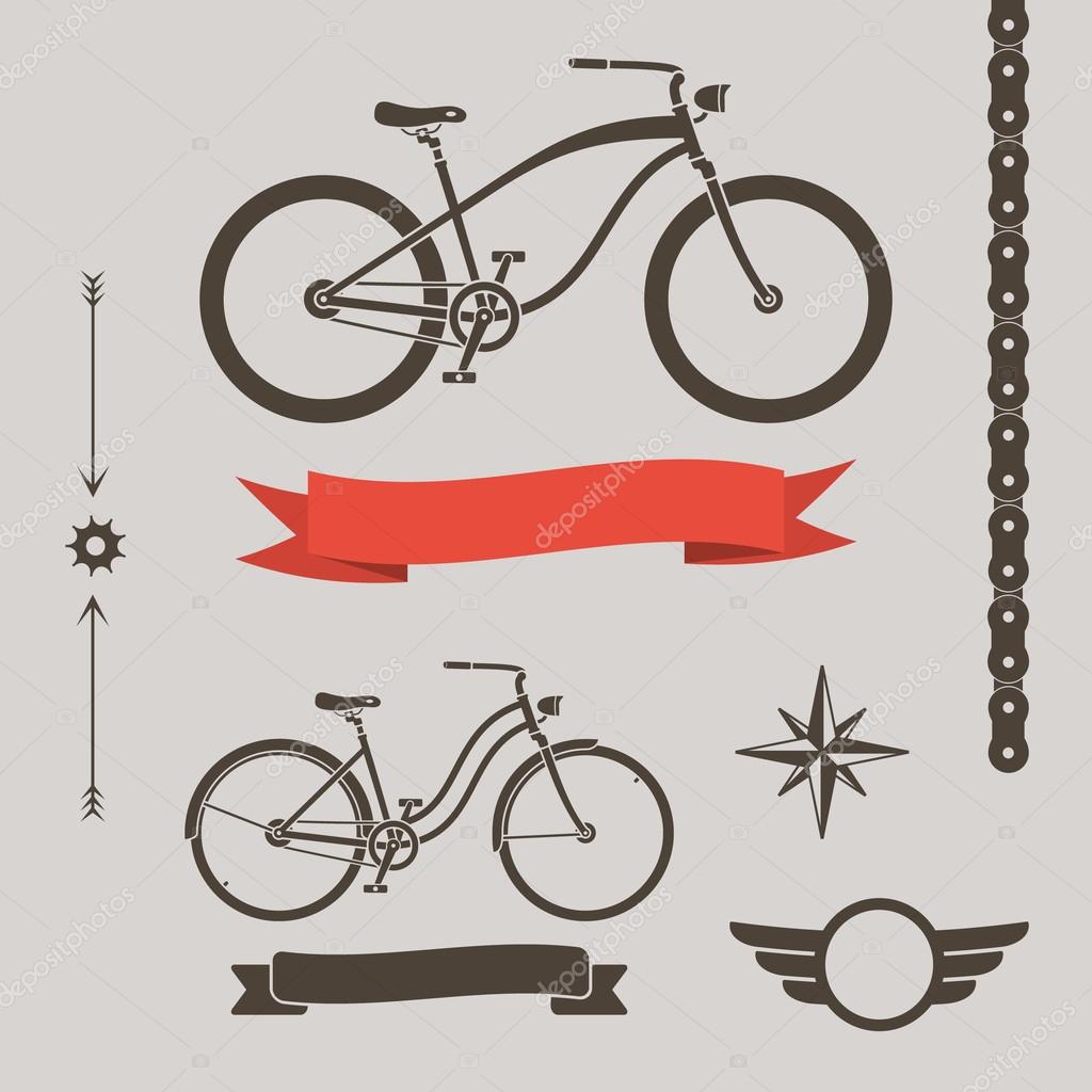 Classic cruiser bicycles and collection of design elements, chain, ribbon, arrows and star
