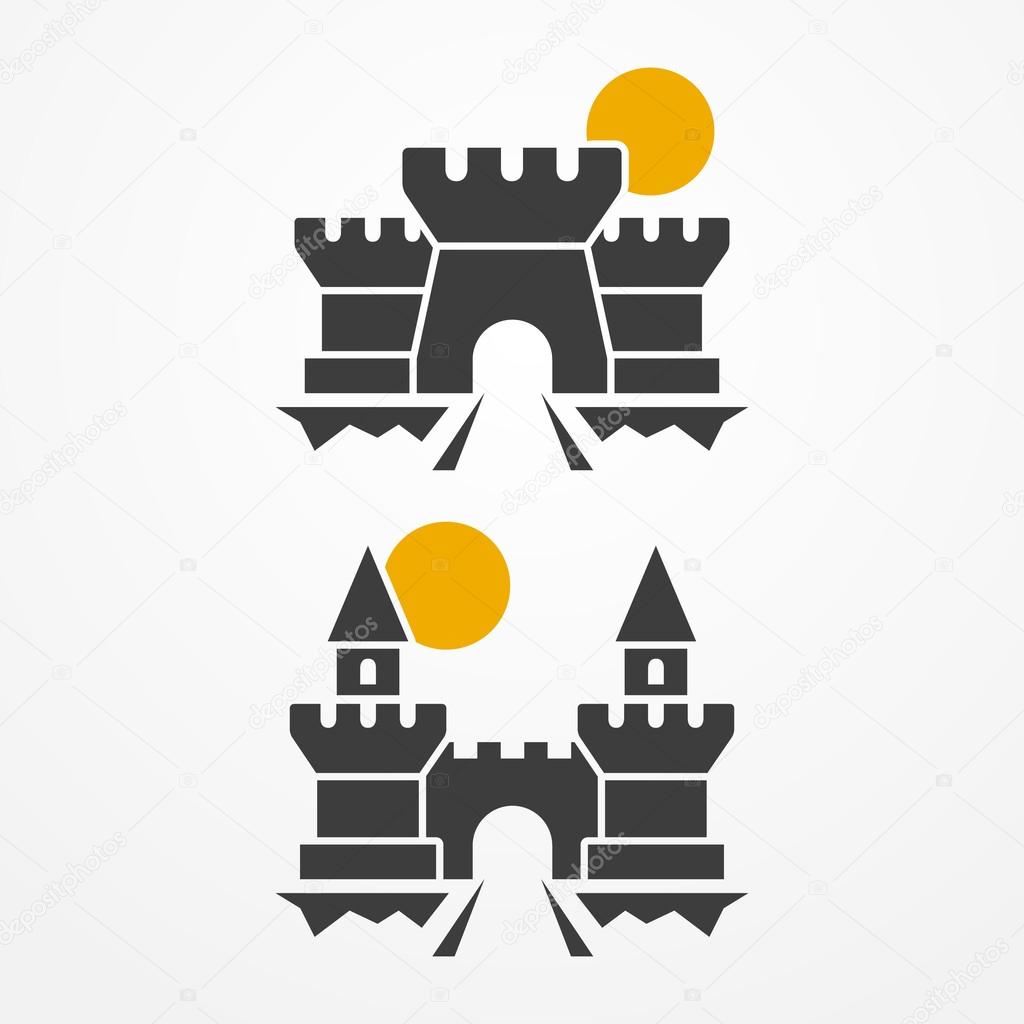 Collection of two ancient castle icons - simple silhouettes with towers, bridges, gates and sun