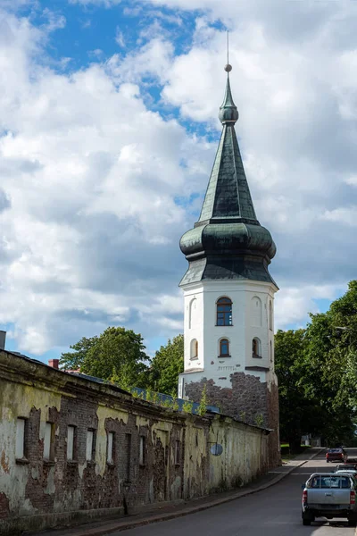 View City Hall Tower Old Part Vyborg Foreground Ruins Former — Stock Photo, Image