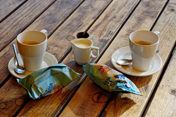 Pushkinskie Gory Rusland September Koffie Ijs Een Houten Tafel Een — Stockfoto