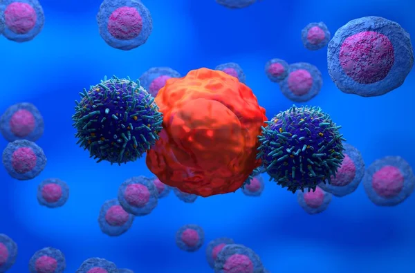 3D çizim CAR T-cell saldırısı kanser hücresi ve sağlıklı hücreler