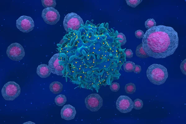 HIV virüsü saldırısı ve normal hücrelerle enfekte olmuş T-hücre çizimi