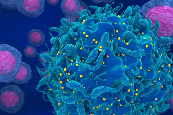Hiv virus attack and infected t-cell with regular cells closeup 3d render illustration