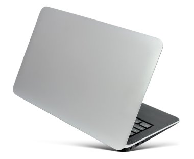 İnce alüminyum dizüstü, dikiz, beyaz izole uçan