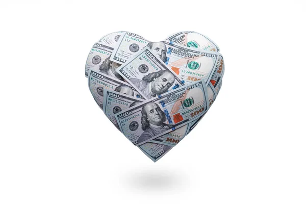 ハート型はホワイトで孤立した100ドル紙幣で作られています。ハッピーバレンタインデーのシンボル。愛のお金の概念 — ストック写真