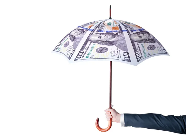 Financial protection symbol. A businessman holding umbrella making from us dollars. Financial security concept. Isolated on white background. — Stock Photo, Image