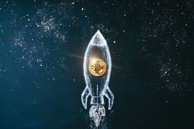 Bitcoin logo roketatar, kripto para birimi konsepti. Tasarımcılar ve son dakika haberleri için altın sikkenin büyüme oranı. Bitcoin 'den aya klasik roket illüstrasyonuna.