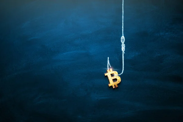 Bitcoin as a bait. Blockchain cryptocurrency trap. Free money concept. Bitcoin on the hook. Copy space. — Stock Photo, Image